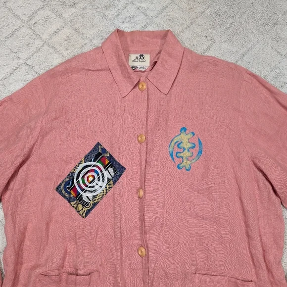 Flax Tunic Shirt Womens L Pink Coral Oversized Hand Painted Ethnic Unity Boho - Picture 3 of 7